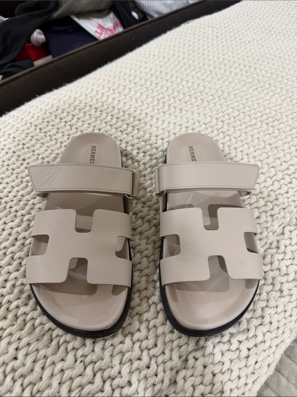 Hermes Nude Leather H-Shape Slide Sandals